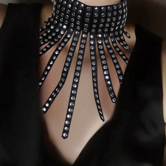 New Black Leather Studded Fringe Collar Statement Necklace - Picture 14 of 16